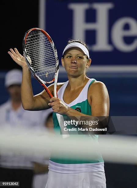 Casey Dellacqua of Australia celebrates winning her second round match against Karolina Sprem of Croatia during day four of the 2010 Australian Open...