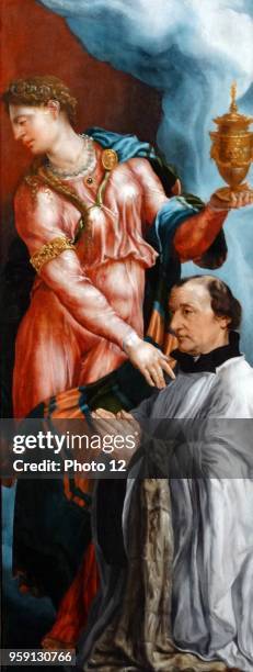 Painting titled 'The Virgin and Saint John the Evangelist' by Maarten van Heemskerck a Dutch portrait and religious painter. Dated 16th Century.