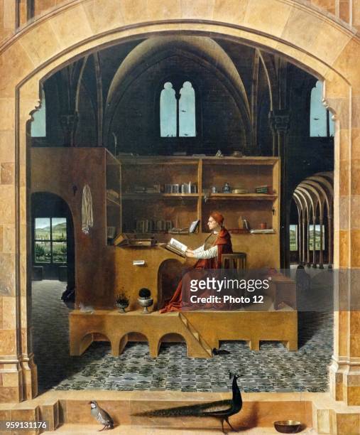 Painting titled 'Saint Jerome in his Study' by Antonello da Messina an Italian painter from Messina, Sicily. Dated 15th Century.