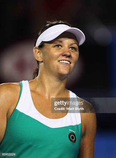 Casey Dellacqua of Australia celebrates winning her second round match against Karolina Sprem of Croatia during day four of the 2010 Australian Open...