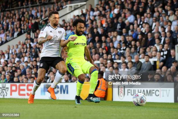 Ikechi Anya, of Derby County, is closed down by Fulham's Ryan Fredericks during the Sky Bet Championship Play Off Semi Final Second Leg on May 14,...