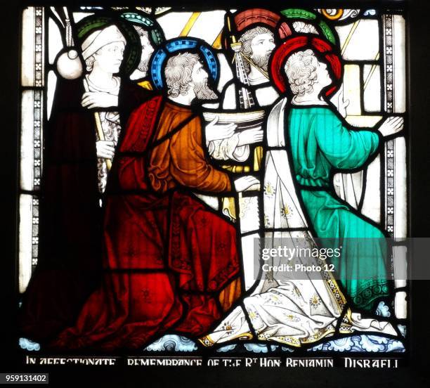 Stained glass window at St Michael and All Angels Anglican church, in Hughenden, Buckinghamshire, England. Hughenden is closely associated with the...