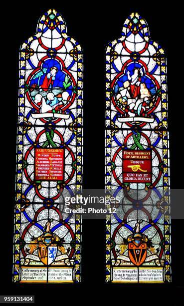 Stained glass window at St Michael and All Angels Anglican church, in Hughenden, Buckinghamshire, England. Hughenden is closely associated with the...