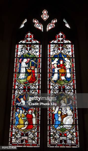 Stained glass window at St Michael and All Angels Anglican church, in Hughenden, Buckinghamshire, England. Hughenden is closely associated with the...