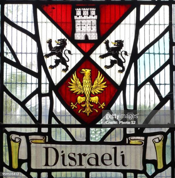 Disraeli family crest in a stained glass window at Hughenden Manor, England. Hughenden is closely associated with the former Prime Minister of the...