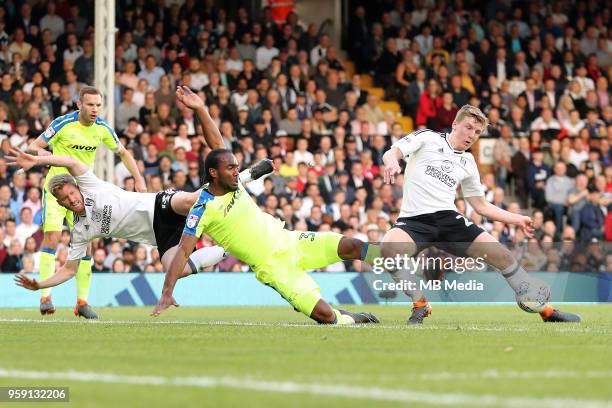 Derby's Cameron Jerome gets in a shot on the Fulham goal during the Sky Bet Championship Play Off Semi Final Second Leg on May 14, 2018 at Craven...