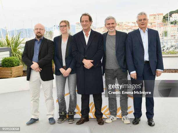 Olivier Lemaire, Melanie Rover, Vincent Lindon, Stephane Brize and Jean Grosset attend the photocall for the "In War " during the 71st annual Cannes...