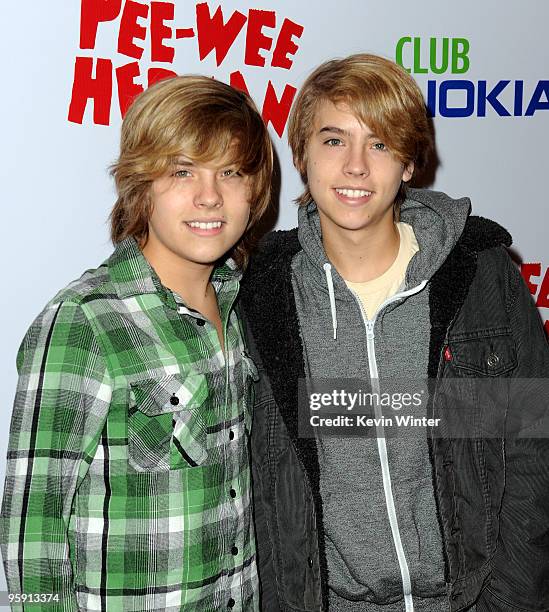Actors Dylan Sprouse and Cole Sprouse arrive at the opening night of "The Pee-wee Herman Show" in Club Nokia at L.A. Live on January 20, 2010 in Los...