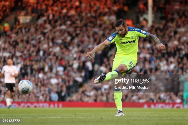 Bradley Johnson, of Derby County tries a shot on goal during the Sky Bet Championship Play Off Semi Final Second Leg on May 14, 2018 at Craven...