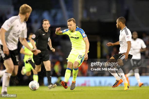 Andreas Weimann, of Derby County plays the ball forward during the Sky Bet Championship Play Off Semi Final Second Leg on May 14, 2018 at Craven...