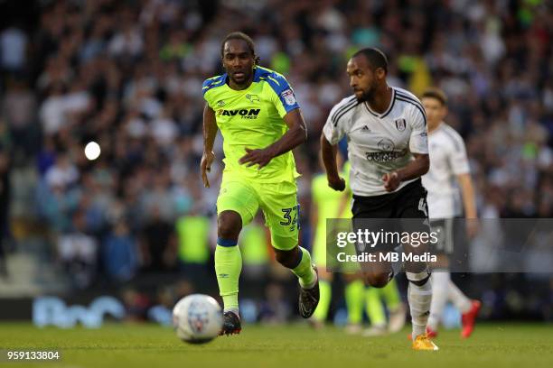 Derby's Cameron Jerome chases down the ball during the Sky Bet Championship Play Off Semi Final Second Leg on May 14, 2018 at Craven Cottage in...