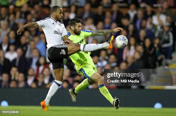 Derby's Bradley Johnson is tackled by Fulham's Denis Odoi during the Sky Bet Championship Play Off Semi Final Second Leg on May 14, 2018 at Craven...