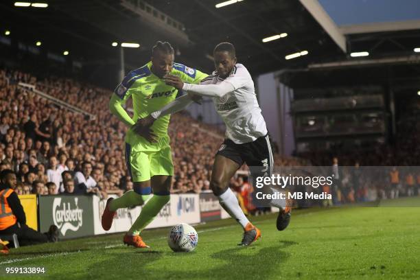 Derby's Kasey Palmer tries go get past Fulham's Aboubakar Kamara during the Sky Bet Championship Play Off Semi Final Second Leg on May 14, 2018 at...