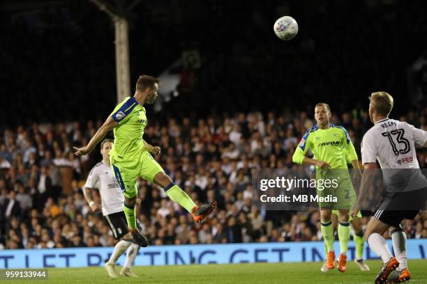 Andreas Weimann, of Derby County gets in a header during the Sky Bet Championship Play Off Semi Final Second Leg on May 14, 2018 at Craven Cottage in...