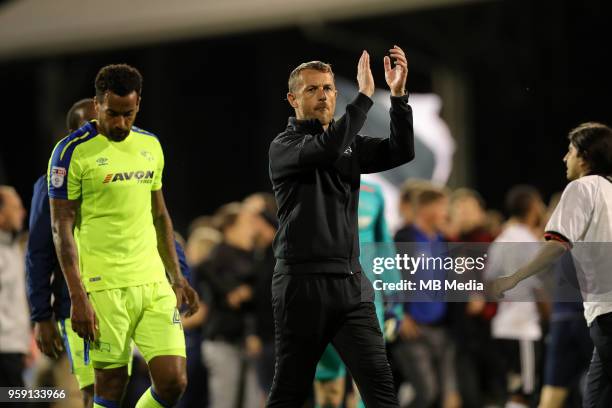 Derby manager, Gary Rowett aplaudes the fans at the end of the game during the Sky Bet Championship Play Off Semi Final Second Leg on May 14, 2018 at...