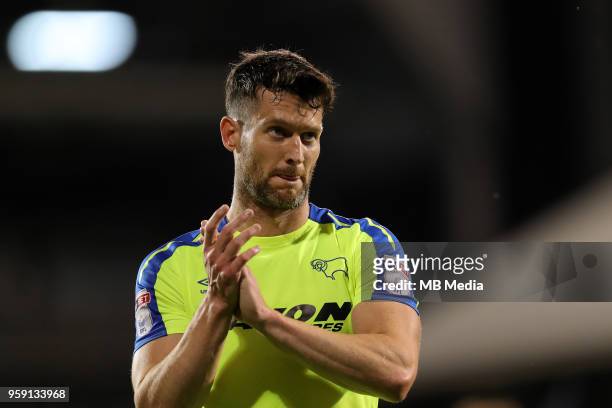 David Nugent aplaudes the Derby fans at the end of the match during the Sky Bet Championship Play Off Semi Final Second Leg on May 14, 2018 at Craven...