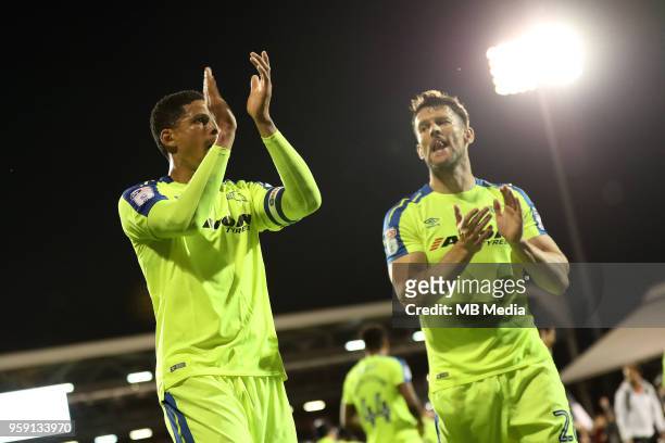 Derby's Curtis Davies, thanks the fans at the end of the game along with David Nugent during the Sky Bet Championship Play Off Semi Final Second Leg...