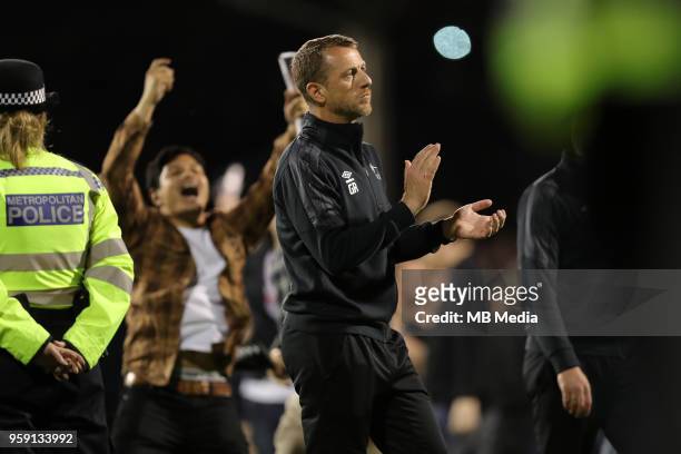 Derby manager, Gary Rowett aplaudes the fans at the end of the game during the Sky Bet Championship Play Off Semi Final Second Leg on May 14, 2018 at...