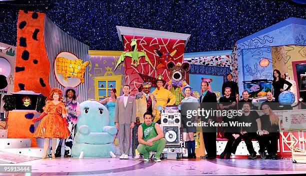 Actor Paul Reubens poses onstage with cast members and puppeteers at the opening night of "The Pee-wee Herman Show" in Club Nokia at L.A. Live on...