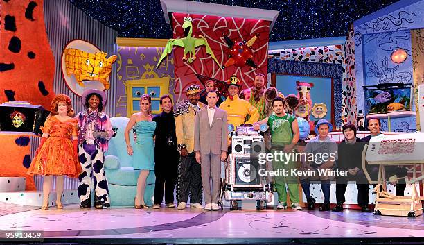 Actor Paul Reubens poses onstage with cast and producers at the opening night of "The Pee-wee Herman Show" in Club Nokia at L.A. Live on January 20,...