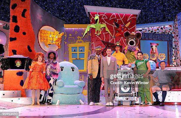 Actor Paul Reubens poses onstage with cast members at the opening night of "The Pee-wee Herman Show" in Club Nokia at L.A. Live on January 20, 2010...