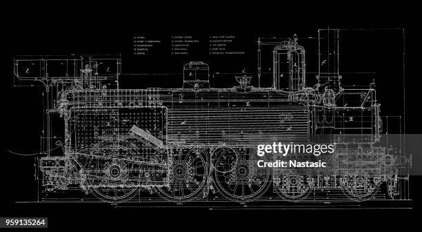 bildbanksillustrationer, clip art samt tecknat material och ikoner med vintage tåg blueprint - locomotive