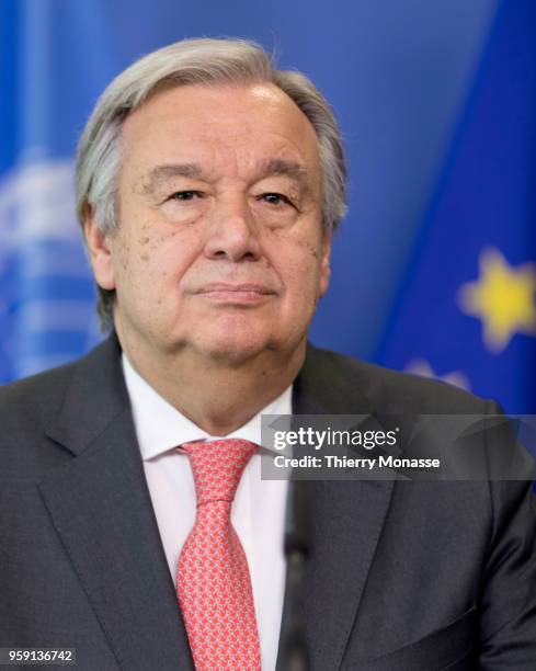 United Nation, Secretary-General Antonio Guterres speaks to the media at the end of a meeting with EU Officials in the Berlaymont, the EU Commission...