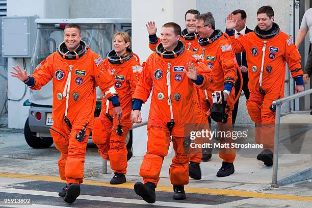 Space Shuttle Endeavour Commander George Zamka mission specialist Kathryn Hire, pilot Terry Virts, and mission specialists Nicholas Patrick, Stephen...