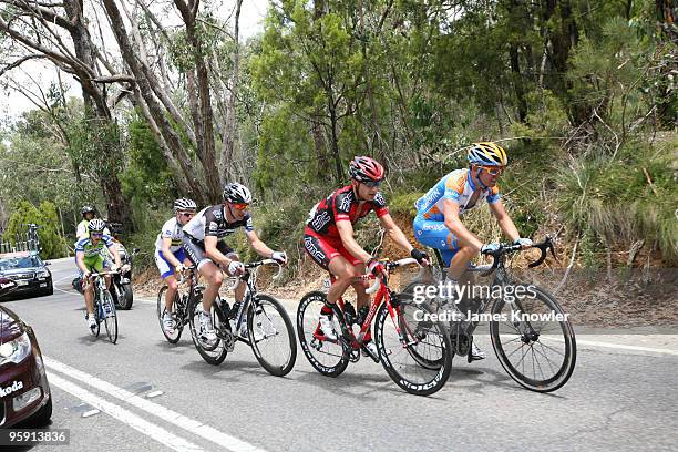 Karsten Kroon of the Netherlands riding for BMC Racing Team and Jack Bobridge of Australia riding for Garmin Transitions lead the break away into...