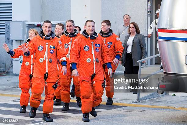 Space Shuttle Endeavour mission specialist Kathryn Hire, Commander George Zamka, mission specialists Nicholas Patrick and Stephen Robinson, pilot...