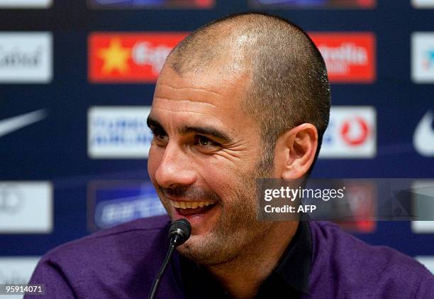 Barcelona's coach Pep Guardiola gives a press conference at the Camp Nou Stadium in Barcelona, on January 20, 2010. Barcelona coach Pep Guardiola has...