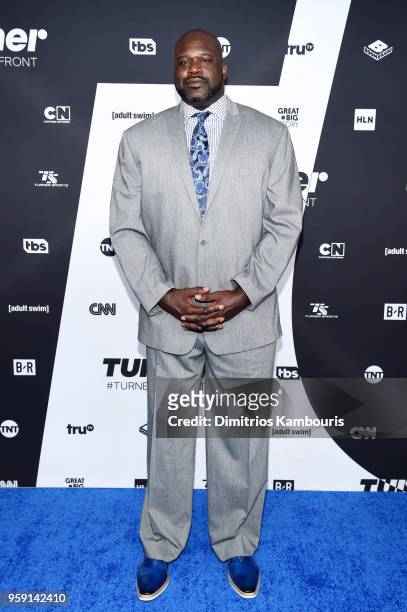 Shaquille O'Neal attends the Turner Upfront 2018 arrivals on the red carpet at The Theater at Madison Square Garden on May 16, 2018 in New York City....
