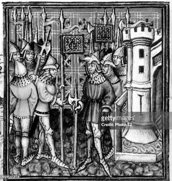 The Grandes Chroniques de France: the men-at-arms of Charles IV Engraving 13th-14th century.