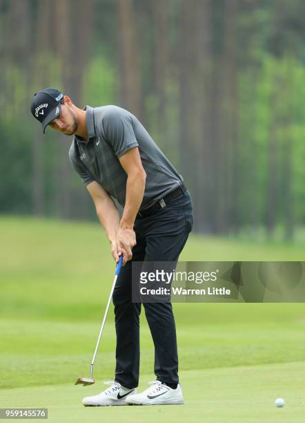 Thomas Pieters of Belgium plays a practice round ahead of the Belgian Knockout at the Rinkven International GC on May 16, 2018 in Antwerpen, Belgium.