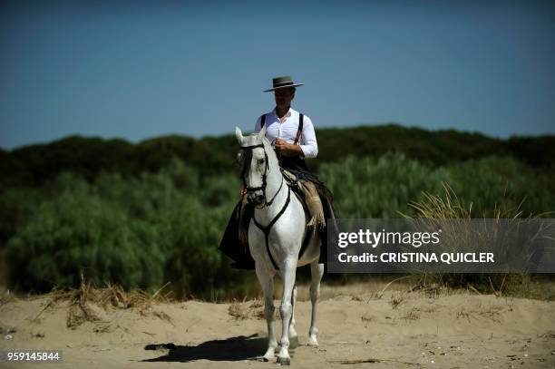 Pilgrim on horsebak takes part in the pilgrimage to the village of El Rocio, in Sanlucar de Barrameda on May 16, 2018. - El Rocio pilgrimage, the...