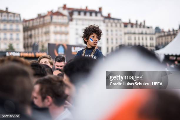 Fans of Marseille celebrate at the Fan Zone ahead of the UEFA Europa League Final between Olympique de Marseille and Club Atletico de Madrid at Stade...