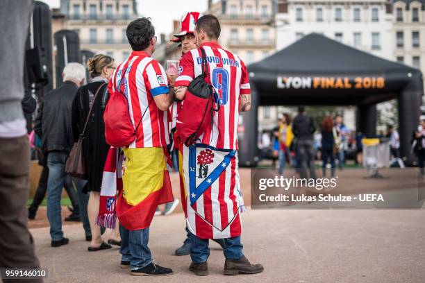 Fans of Atletico de Madrid stay together at the Fan Zone ahead of the UEFA Europa League Final between Olympique de Marseille and Club Atletico de...