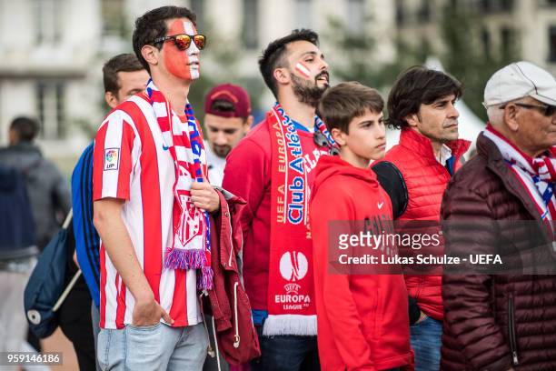 Fans of Atletico de Madrid stay together at the Fan Zone ahead of the UEFA Europa League Final between Olympique de Marseille and Club Atletico de...