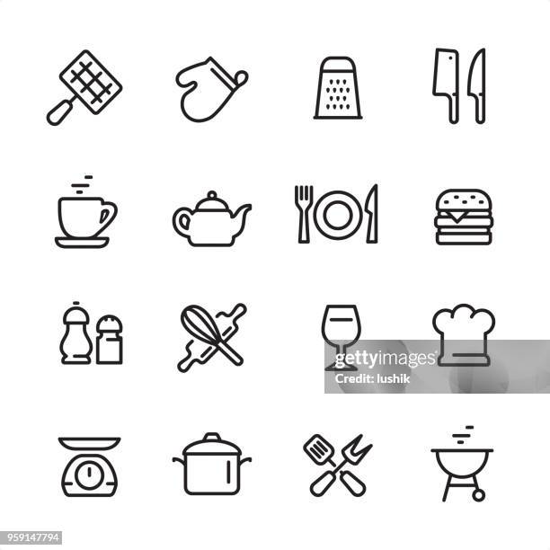 ilustraciones, imágenes clip art, dibujos animados e iconos de stock de utensilio de cocina - conjunto de iconos de contorno - cuchillo