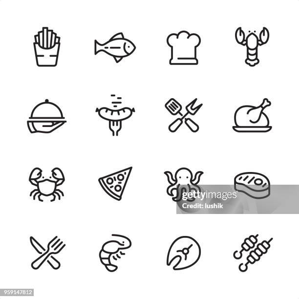 ilustrações, clipart, desenhos animados e ícones de grelhado alimentos e frutos do mar - conjunto de ícones de contorno - carne
