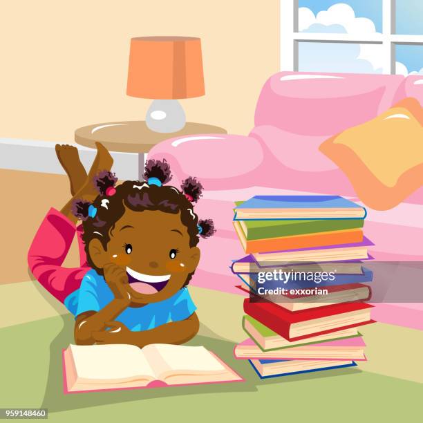 girl reading by the sofa - girl reading stock illustrations