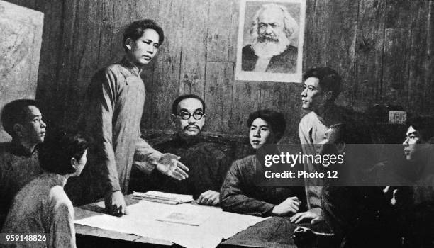 Propaganda drawing where Mao Zedong can be seen, during one of the first meetings of the Chinese Communist Party c.1922.