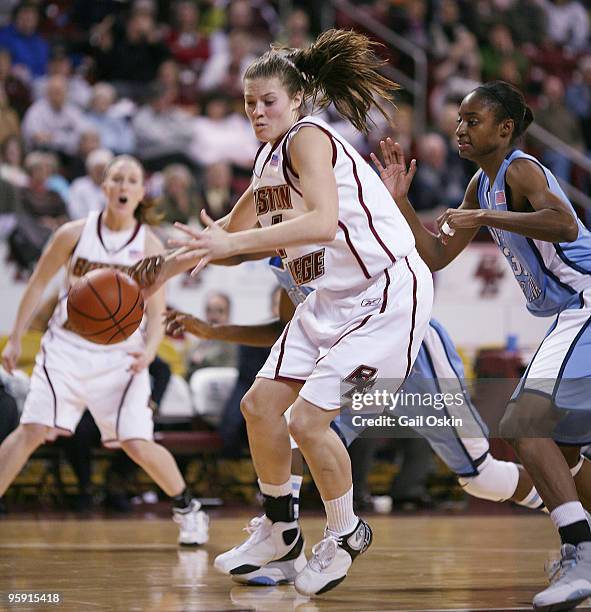 Boston College Eagles Ayla Brown, center, against North Carolina Tarheels, at Boston College in Chestnut Hill, Massachusetts on Thursday, February 1,...