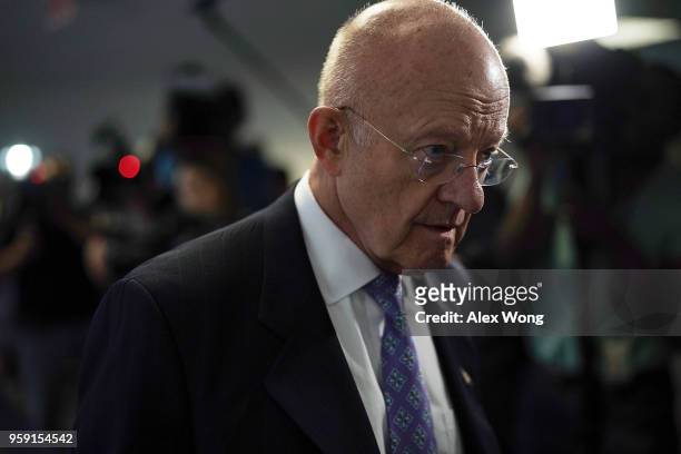 Former director of National Intelligence James Clapper arrives at a closed hearing before the Senate Intelligence Committee May 16, 2018 on Capitol...
