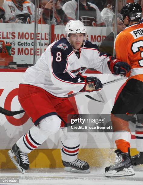 Jan Hejda of the Columbus Blue Jackets skates against the Philadelphia Flyers at the Wachovia Center on January 19, 2010 in Philadelphia,...