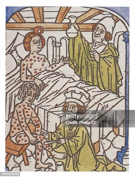 Medical treatment of syphilis; Wood engraving, title page of a medicine work of the 15th century.