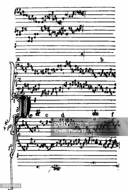 Musical notation, three voices organum in modal notation, from the 13th century. Wolfenbuttel, Herzog-August-Bibliothek.