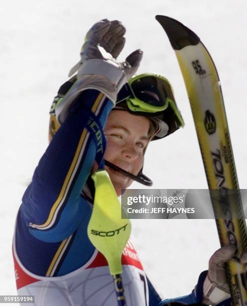 Pernilla Wiberg of Sweden celebrates after her second run in the Women's Slalom 13 February during the 1999 World Alpine Ski Championships in Vail,...