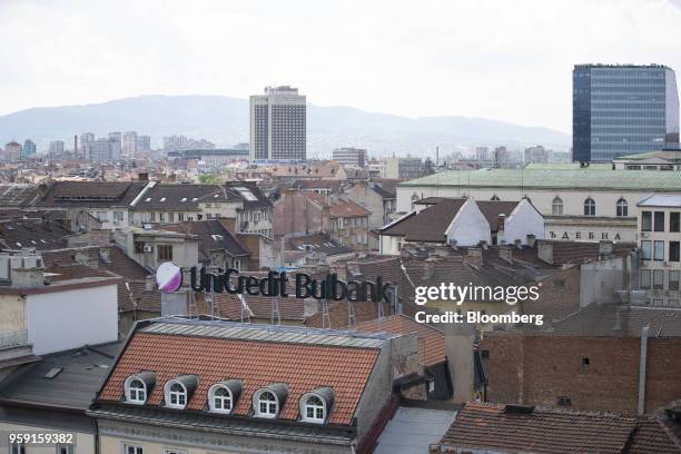 The head offices of UniCredit Bulbank AD, a unit of UniCredit SpA, stand as commercial and residential property sit on the city skyline in Sofia,...