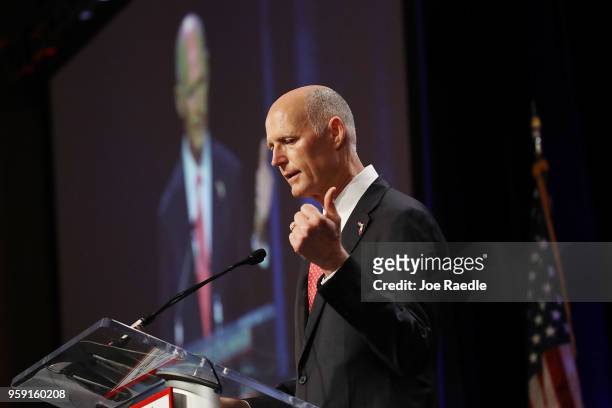 Florida Governor Rick Scott speaks during the Governor's Hurricane Conference at Palm Beach County Convention Center on May 16, 2018 in West Palm...